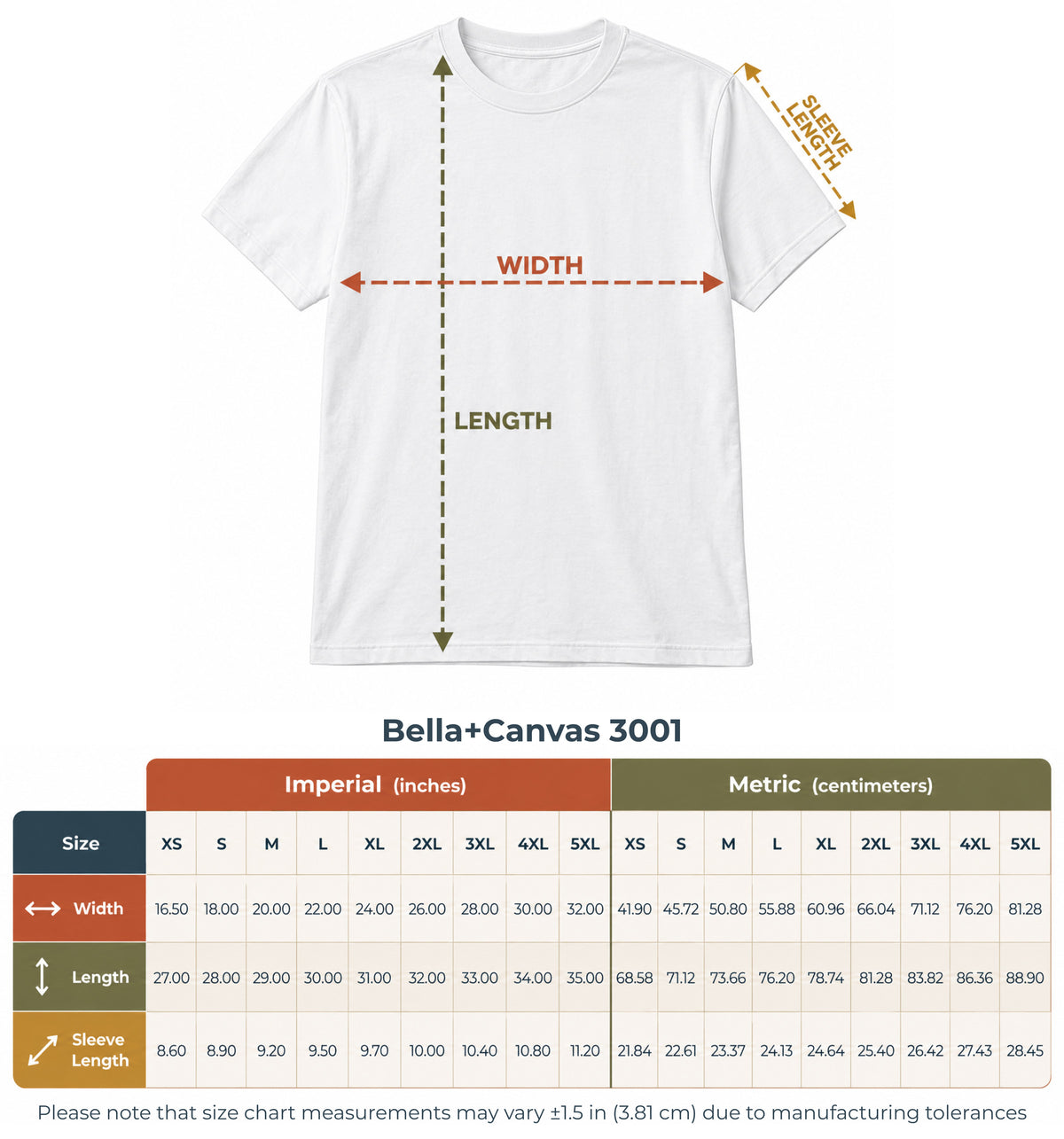 Bella+Canvas 3001 size chart